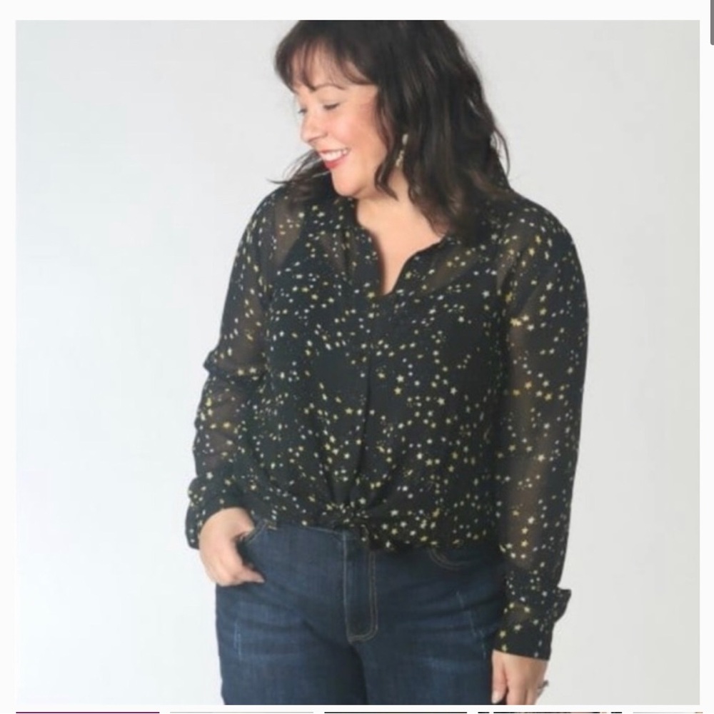 Cabi #3592 Galaxy Universe Star Blouse Style Large Black‎ Gold Sheer Button Down